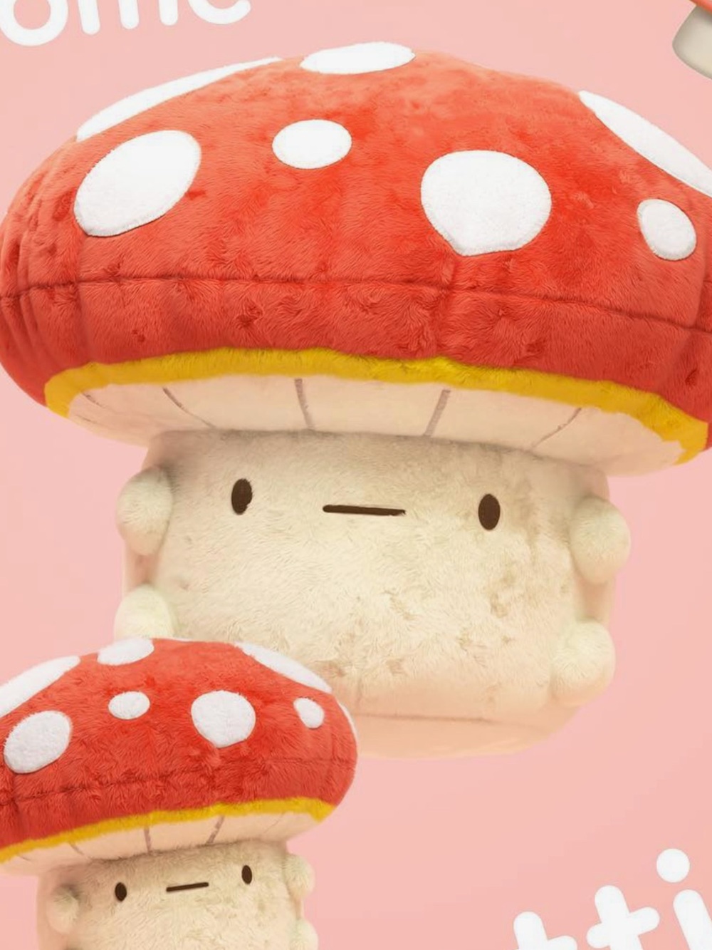 fluff Red and White Polka-Dot Mushroom Plush with Yellow Trim